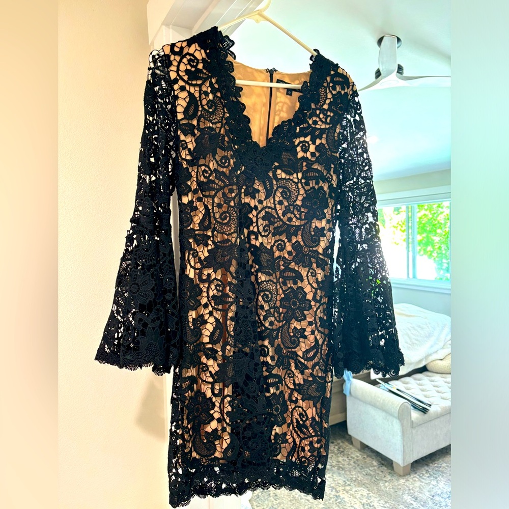 Black lace dress with nude slip